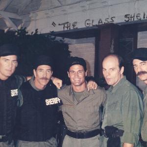 On the set of The Glass Shield are actors LR Corbin Timbrook Gary Woods Jim Fitzpatrick Michael Ironside and Michael Gregory in 1992
