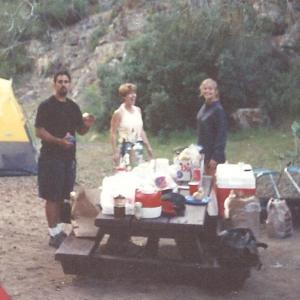 L-R Carlos Delatore, Jodi Knotts and Cameron Diaz camping on the Kern River in 1992