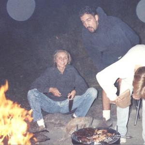 LR Cameron Diaz Carlos Delatore and Jodi Knotts cooking the days catch in the Kern River in 1992