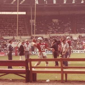 Tampa Bays Jim Fitzpatrick 83 and QB John Reaves prepare to play Philadelphia in the first American Football game ever played in Wembley Stadium London in 1985