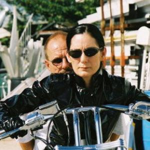 Trinity lookalike Deborah on motorcycle