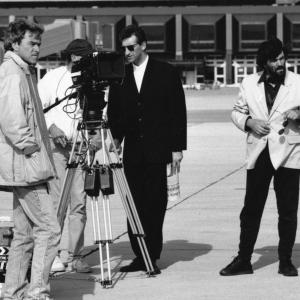 Matt Forrest director Jimmy Nail actor  Peter Sinclair dop on the Spender movie set at Marseille Airport France