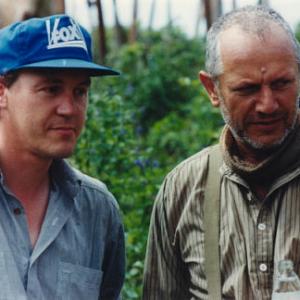 Armorer John Fox with Steven Berkoff on location in the Fiji Islands in 1996 while filming the feature film Flynn