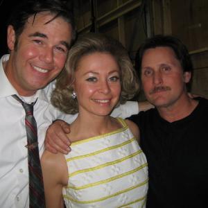 Spencer Garrett (David Novak), Jeridan Frye (Ethel Kennedy), and Emilio Estevez (Director/Tim) on the set of Bobby (2006).