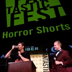 Richard Gale accepts a Special Jury Prize from Tim League at Fantastic Fest for The Horribly Slow Murderer with the Extremely Inefficient Weapon At the Alamo Drafthouse Austin Texas