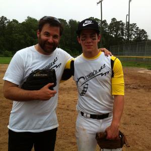 Bradley Gallo and Nick Jonas at our Crew VS UNC CHARLOTTE Softball game in Sherills Ford North Carolina taking a break from shooting Careful What You Wish For