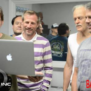 Makeup Effects Designer Tony Gardner reviews footage with L to R Producer Spike Jonze Actor Johnny Knoxville in Bad Grandpa old age makeup and Director Jeff Tremaine at Alterain Inc