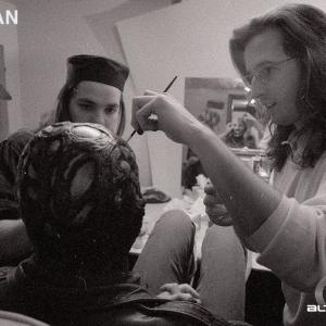 DARKMAN 1990 Makeup Effects Artists Chet Zar L and Tony Gardner R make up actor Liam Neeson as the title character for Sam Raimis 1990 film DARKMAN