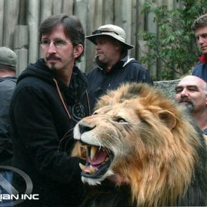 THE THREE STOOGES 2012 Makeup and Animal Effects Designer  Supervisor Tony Gardner sets up Alterians animatronic lion for an attack on actor Craig Bierko