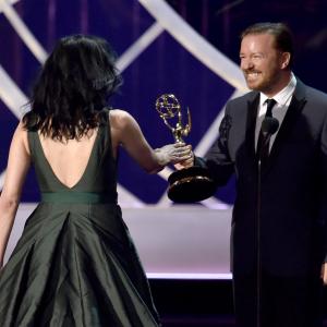 Ricky Gervais and Sarah Silverman at event of The 66th Primetime Emmy Awards 2014