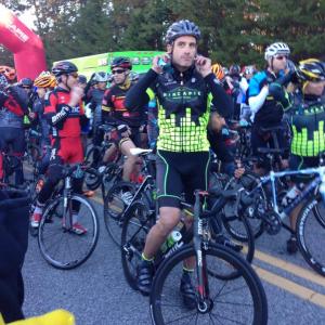 Tour de France cycling legend George Hincapie and Tour de Force leader called upon by leaders Lisa Christiansen getting ready to Lead the start line at the Granfondo Hincapie