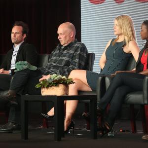 Graham Yost Joelle Carter Walton Goggins Timothy Olyphant Jacob Pitts Nick Searcy and Erica Tazel at event of Justified 2010