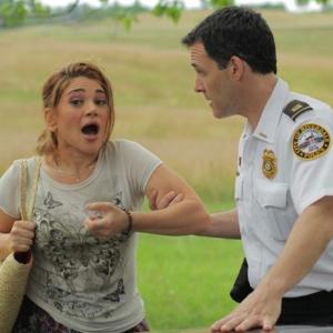 (left to right) Lead actress Karen-Eileen Gordon as TAMMY and Rob Pralgo as the POLICE OFFICER, filming the indie feature comedy A FREE BIRD