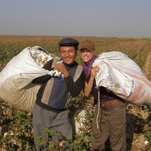Cotton Workers on the road to Samarkand Uzbekistan