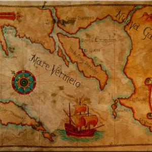 Carta Marina I ink and watercolor on handmade paper A modern depiction of a pirate map of 1524 showing a Hidden Port