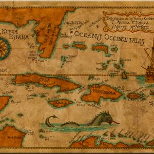 Carta Marina II ink and watercolor on handmade paper This handdrawn original depicts the West Indies in the 16th century