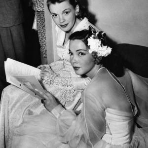 Judy Garland and Kathryn Grayson backstage at the Hollywood Bowl for the Jerome Kern Memorial Night, 1946