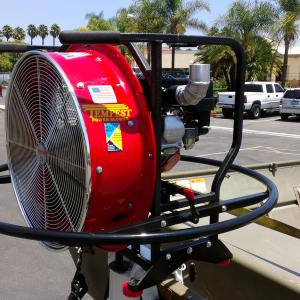 Adapted an engine powered fan unit used to ventilate buildings to propel our flat bottom boat I created a round tiller ring for pivoting the fan unit left and right throttle levers and then utilized an old outboard engine transom mount