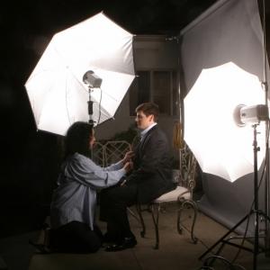 A lighting set up of mine, Producer Natalie Noel prepping Singer Andrew Bennett for a portrait.