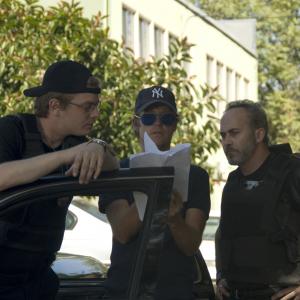 Jeremy Meyer,Paul Marius and Ralph Guzzo going over scene on set of Obstruction 2010