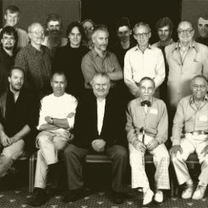 Stanley Newton's photo of the September 12, 1996 Dick Smith Tribute (all rows from left): Front - Greg Nicotero of KNB EFX Group, Robert Short, Bob Burns, Harry Thomas (d. 1996), Abe Haberman (d. 1998). Middle - Estelle Shay of CINEFEX, Kevin Haney, Don Post, Jr., Bill Malone, Rick Baker, Dick Smith, Forrest J. Ackerman, Todd Tucker. Back - Don Shay of CINEFEX, Craig Reardon, Stuart Ziff, Kate Studley, Alec Gillis of ADI, Tom Woodruff of ADI