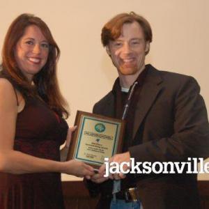 R Keith Harris at Jacksonville Film Fest Accepting award for Best Feature Screenplay  2nd place for his screenplay Damascus Road