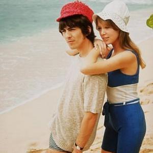 George Harrison enjoying the beach with Pat Boyd 1964