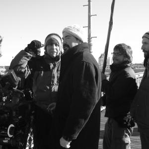 JJ Harting and crew filming on Brooklyn Bridge New York City