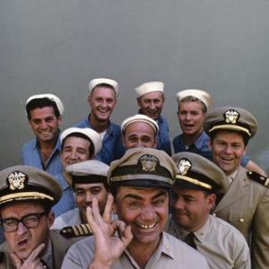 McHales Navy back row left to right Edson Stroll John Wright Carl Ballantine Gary Vinson middle row left to right Billy Sands Gavin MacLeod Bob Hastings front row left to right Joe Flynn Yoshio Yoda Ernest Borgnine Tim Conway
