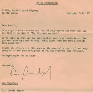 A letter from one of the Greats Sam Peckinpah letter to Dennis Hayden