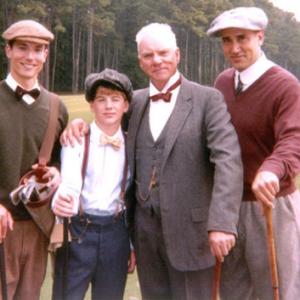 (L-R) Greg Corbett, Thomas 'Bubba' Lewis, Malcom McDowell, and Kenny Alfonso on the set of 