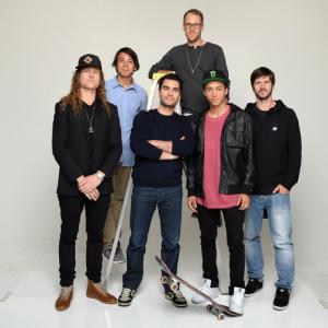 Adam Bhala Lough C director of the film The Motivation poses with skateboarders Nyjah HustonSean Malto and Chris Cole producers Ethan Higbee and Tim Downlin at the Tribeca Film Festival 2013 portrait studio on April 25 2013 in New York City