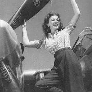 Barbara Hippe (with hair by Dotha Hippe) as Miss P-38 for Lockheed promotional film circa 1944.