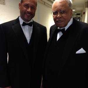 Mark Holden with James Earl Jones on the set of a Sprint commercial in London 2013