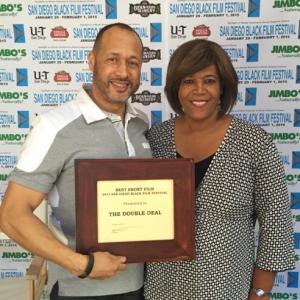 Mark Holden receiving Best Short Film award for THE DOUBLE DEAL from the San Diego Black Film Festival director Karen Huff-Willis