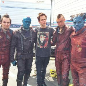 On the set of Guardians Of The Galaxy. Picured: Dave Yarovesky, Michael Rooker, James Gunn, Sean Gunn, Nick Holmes