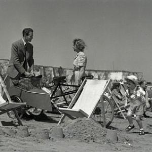 Derek Bond, Joan Hopkins and Barrie Smith (son of producer Herbert Smith) on the beach at Cliftonville Margate, Kent, England, for 