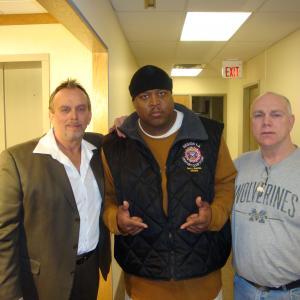 From left, actor-director Anthony Hornus (Renovation, Wild Michigan), Larry Simmons (Locked In a Room, A State of Hate) and David Papenfuss (An Ordinary Killer, Dean Teaster's Ghost Town) on the Detroit set of Locked In a Room.