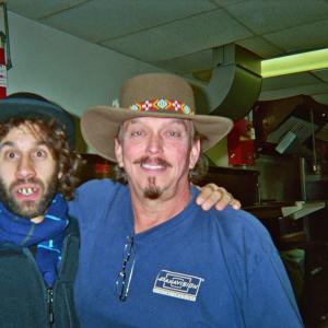 Actors Paul Proios, left, and Anthony Hornus on location in Maggie Valley, North Carolina, during the filming of Ghost Town.
