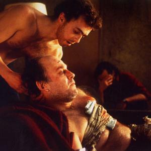 Serge Houde center as the doomed kidnapped victim Pierre Laporte in the French film Octobre with Denis Trudel and Luc Picard