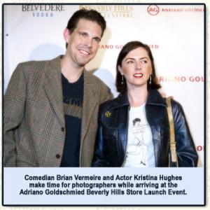 Comedian Brian Vermeire and Actor Kristina Hughes make time for photographers while arriving at the Adriano Goldschmied Beverly Hills Store Launch Event.