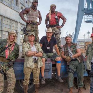 Dolph Lundgren Sylvester Stallone Terry Crews Patrick Hughes Wesley Snipes Randy Couture and Jason Statham on set of The Expendables 3