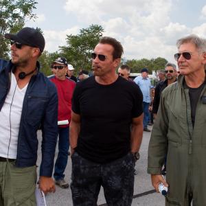 Patrick Hughes, Arnold Schwarzenegger and Harrison Ford on set of The Expendables 3.