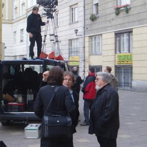 Writer-Director Endre Hules, cinematographers Laszlo Kovacs and Zoltan Honti shooting Torn From the Flag in Budapest