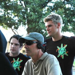 Actors James E. Foley and David Wolf review last take with director Chris Hummel on location of The Guardians (2010).