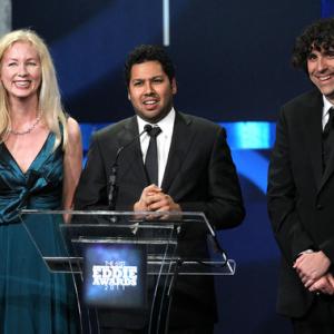 Film Editor Chris Innis, ACE with actor Dileep Rao and Film Editor Bob Murawski, ACE, presenters of Best Feature Film Dramatic Editing Award at the 2011 ACE Eddie Awards in Los Angeles, California.