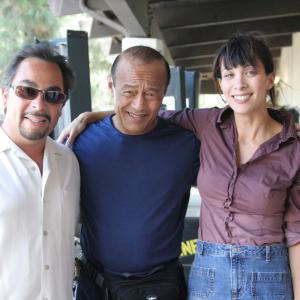 (L to R) Co-Producer, Sal Baldomar, and Dan Inosanto with his daughter, Writer-Director-Actress, D. Lee Inosanto on the set of 