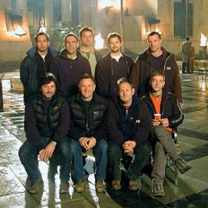 Waterfall City at night on the set of Dinotopia The Series Budapest Hungary April 2002 Pictured with camera crew Martin Kenzie Nyika Jancs Balazs Revesz