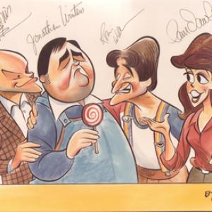 Cartoon from Mork and Mindy with Left to Right: Conrad Janis, Jonathan Winters, Robin Williams, & Pam Dawber