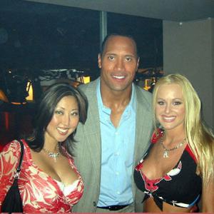 (l to r) Unkown, The Rock, and Katie Lohmann on the set of 